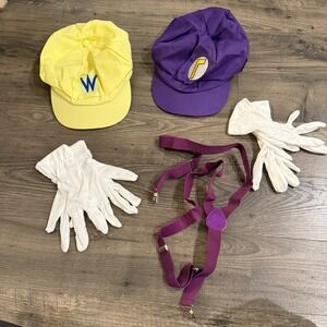 Wario Waluigi Cosplay Hat Set Purple Suspenders White Glove Nintendo Costume Lot